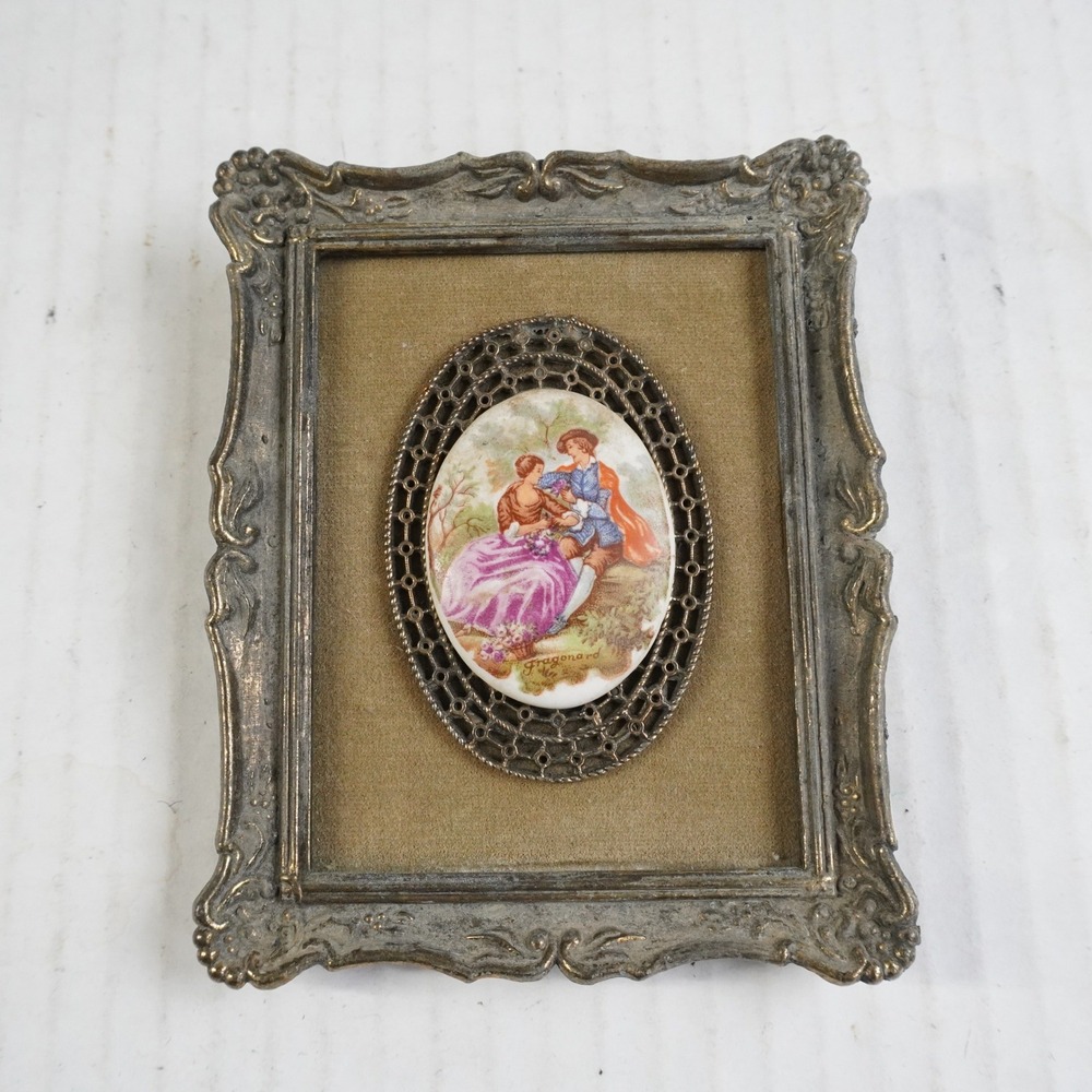 VTG Fragonard Porcelain Cameo Mini Portrait Romantic Couple Ornate Brass Frame